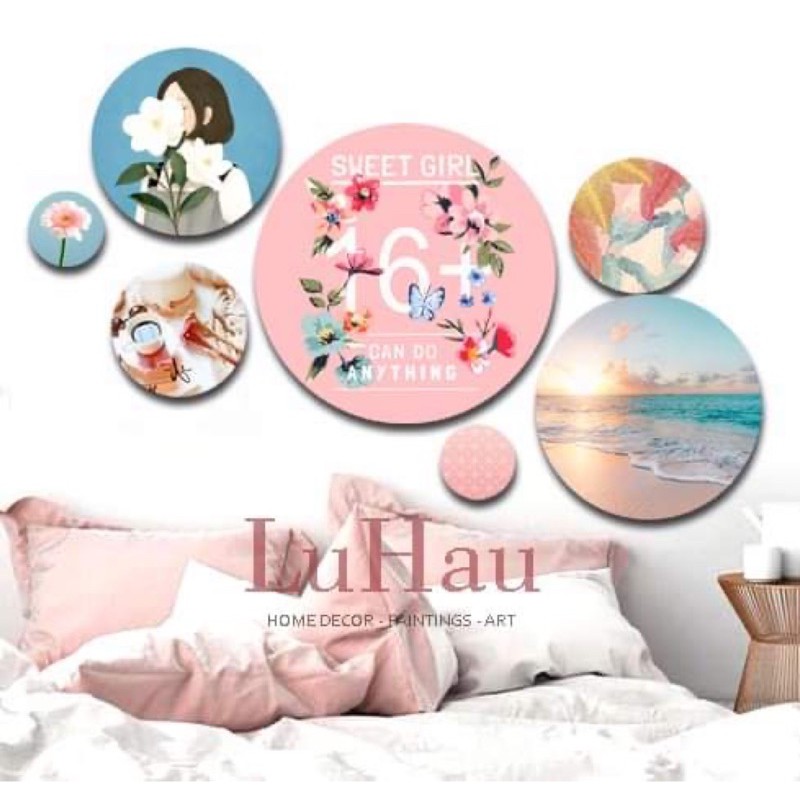 Tranh tròn Luhau Decor Sweet Girl hồng pastel dán tường tranh trí phòng ngủ Hàn Quốc tranh tròn treo tường hiện đại