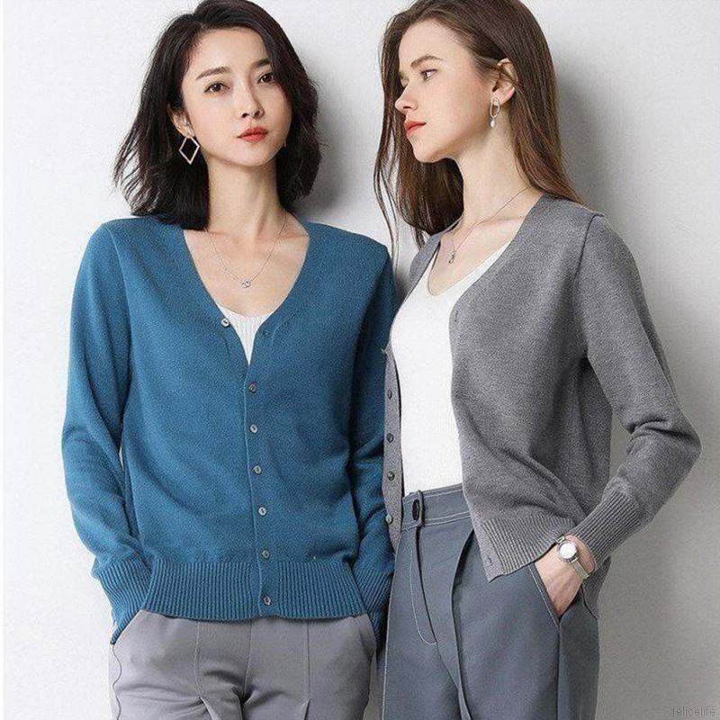 Áo Cardigan dệt kim tay dài phối nút màu trơn thiết kế dáng rộng thoải mái