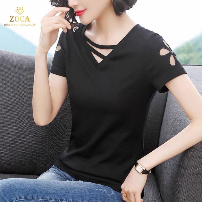 Áo phông nữ cộc tay cổ tim , Áo thun mùa hè tay ngắn thiết kế hoạ tiết hoa cúc nổi bật 100% COTTON _ AHC