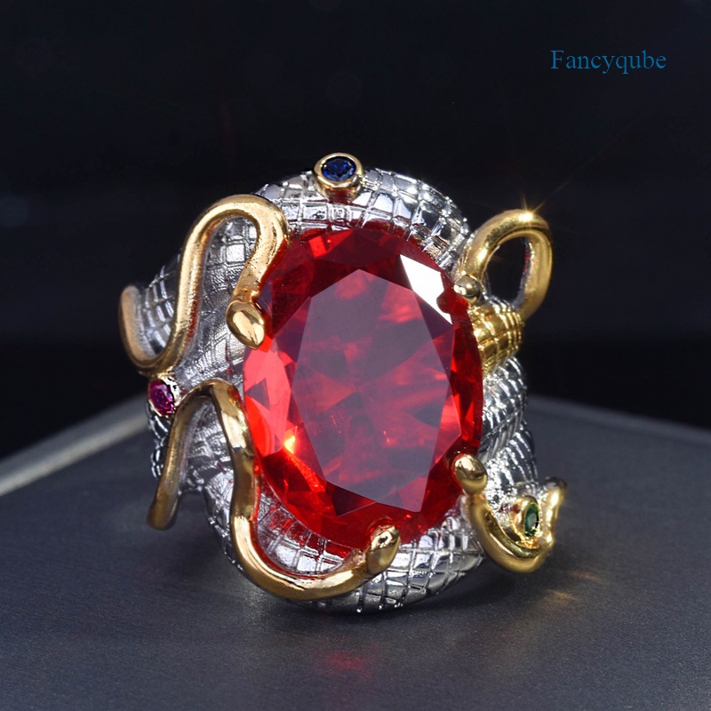 Nhẫn đính đá zircon hình oval màu đỏ phong cách vintage sang trọng cho nữ
