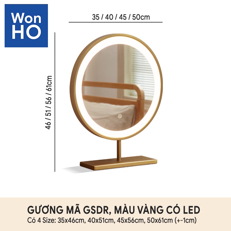 Gương tròn để bàn có led cảm ứng, khung kim loại với 3 màu vàng, trắng, đen,nhiều kích thước, đóng gói bao bể vỡ, WONHO