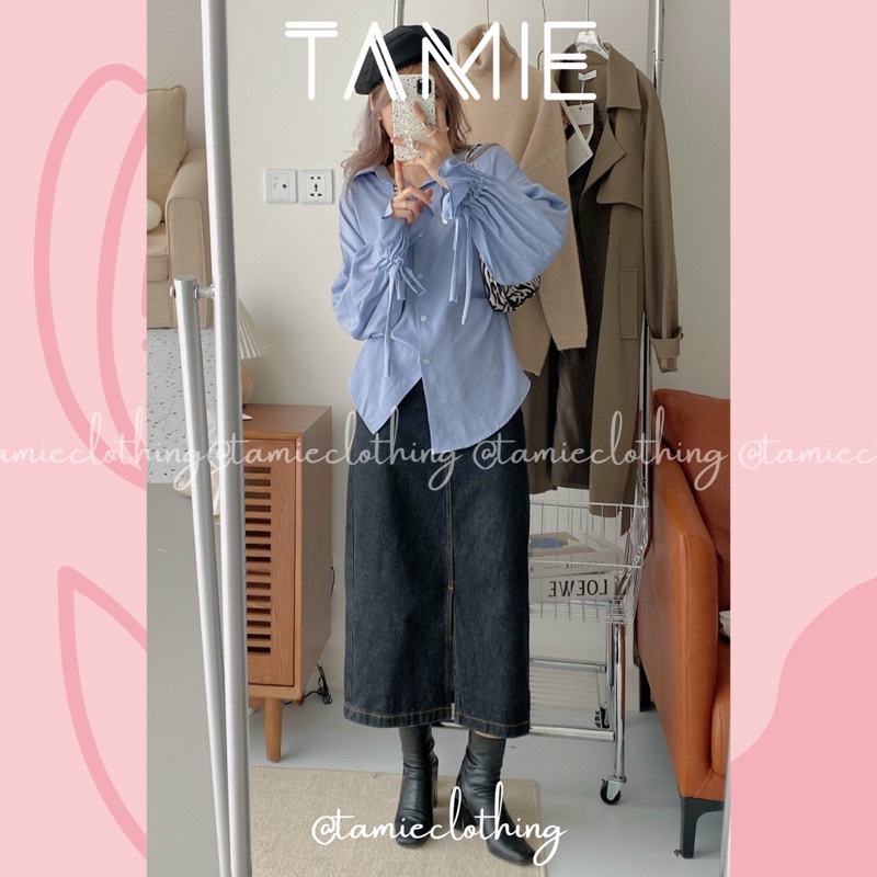 Áo Sơ mi Tay Phồng Rút Dây Phối Nơ Lưng TAMIEclothing