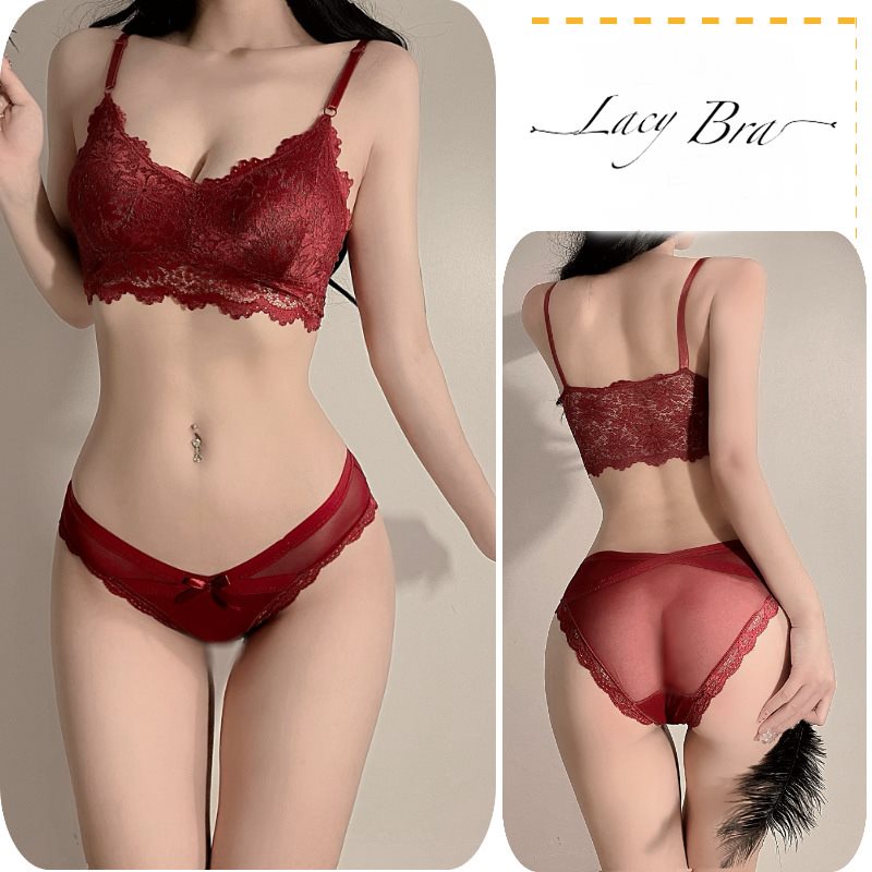 Bộ Bralette Ren Phối Quần Lót Voan Mỏng Cạp Chéo Sexy Lacy Bra - B15 | BigBuy360 - bigbuy360.vn