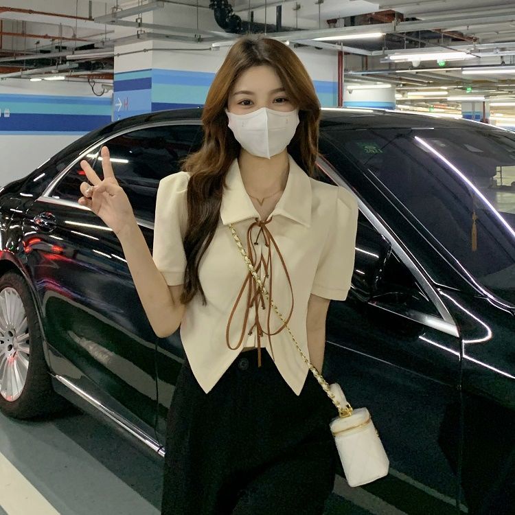 Áo Sơ Mi Tay Ngắn Cổ Polo Thiết Kế Thắt Dây Độc Đáo Thời Trang Hàn Quốc Cho Nữ