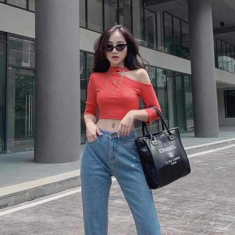 Áo thun croptop nữ tay dài hở vai Mã áo M104