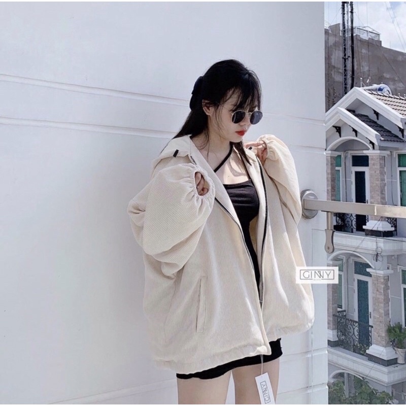 Áo khoác nhung tăm có nón form rộng – Áo khoác nhung tăm oversize phong cách hàn quốc – AKNT/nontron -Minastore