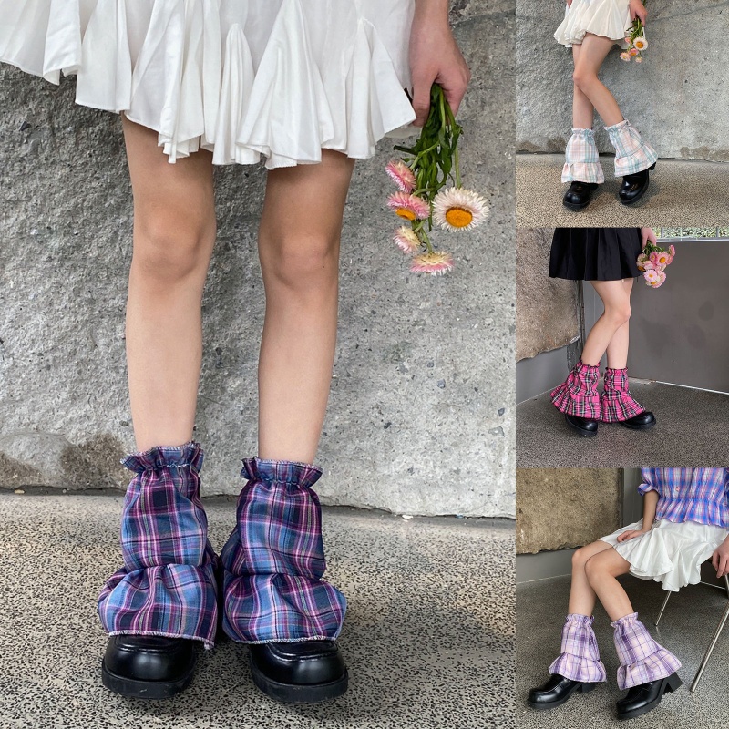 Xixi Vớ Ống Ngắn Phối Bèo Họa Tiết Sọc Caro Phong Cách Gothic Harajuku Cổ Điển