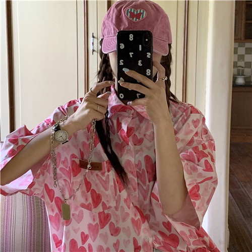 Áo Sơ Mi Tay Ngắn Cổ Bẻ Dáng Rộng In Họa Tiết Trái Tim Phong Cách Cổ Điển Thời Trang Cho Nữ