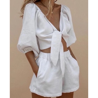 Set Áo Croptop tay lửng cột dây và quần short Linen
