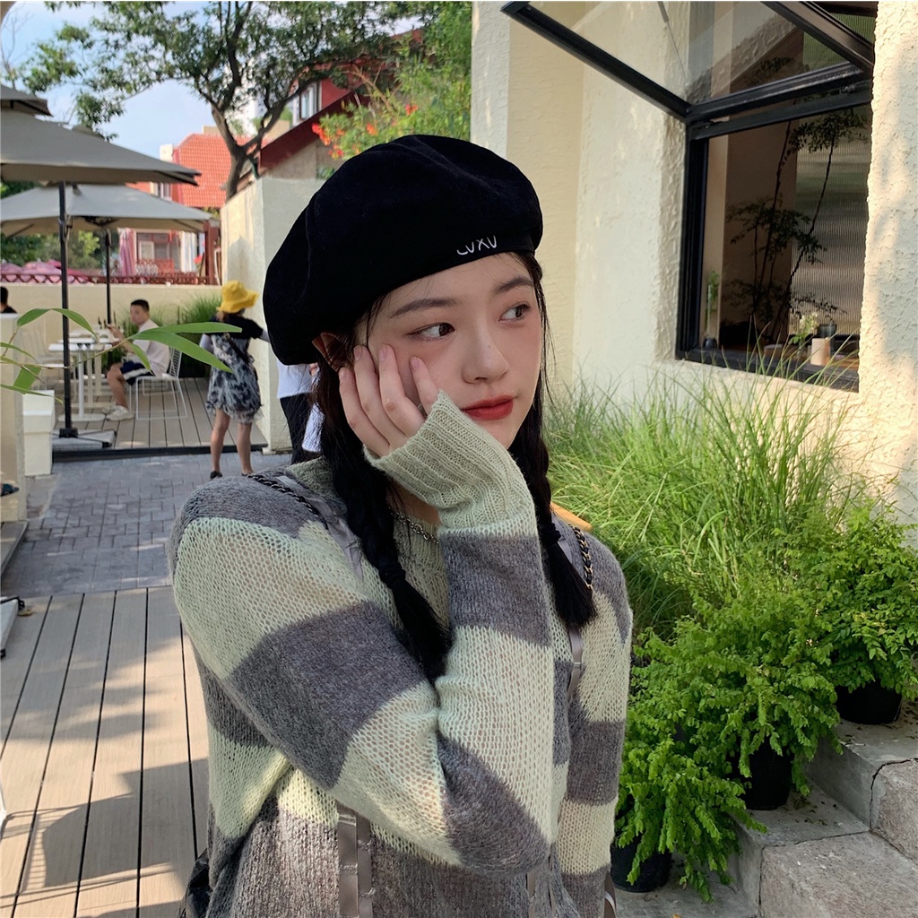 Mũ Beret Nhung Kẻ In Chữ Phong Cách Thời Trang Thu Đông Hàn Quốc