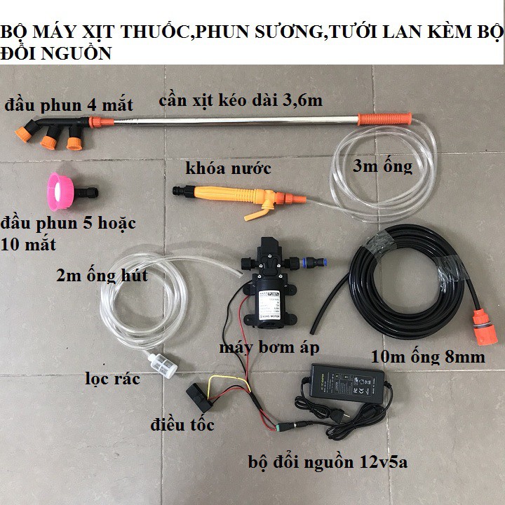 Bộ bơm phun sương tưới lan,xịt thuốc cầm tay đầy đủ đầu béc phun cần phun rút gọn được tay bóp khóa dây phun bơm nguồn