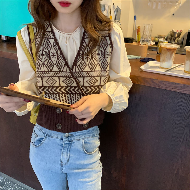 Áo gile sweater dệt kim ôm eo cổ chữ V xinh xắn cho nữ