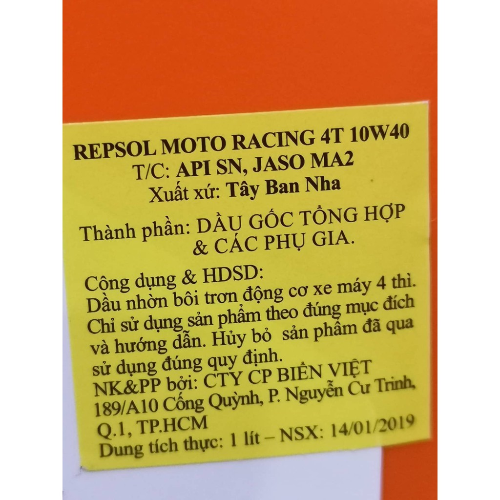 [Siêu Rẻ] Nhớt Repsol Racing 10W40 4T Fully Synthetic 1 Lít cho mọi loại xe máy. DoChoiXeMay