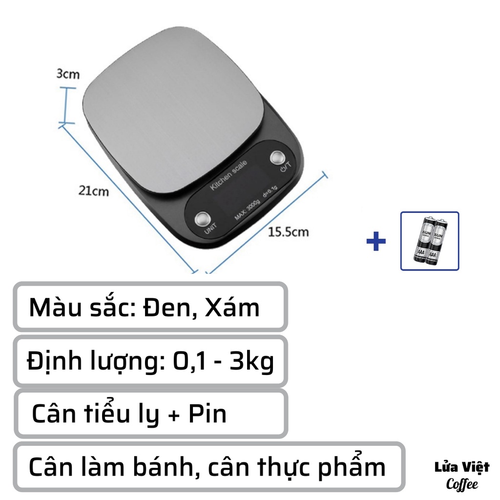 Cân làm bánh mini điện tử nhà bếp định lượng 1-5kg độ chính xác cao làm bánh cao cấp 3kg cân kèm 2 viên pin AA