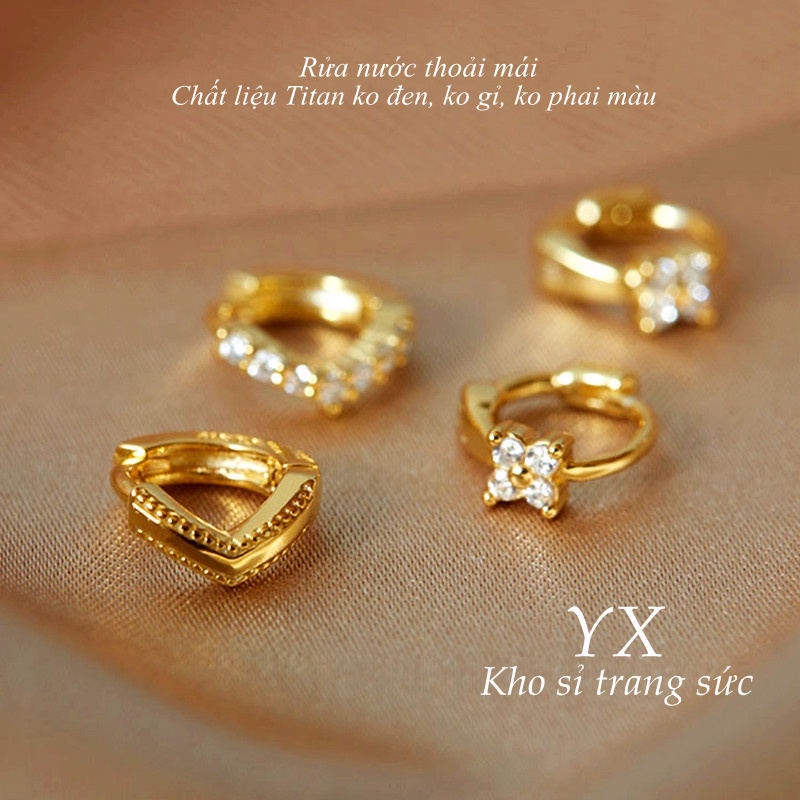 Bông tai titan không gỉ hoa tai tròn mạ vàng 18k phong cách retro cổ điển
