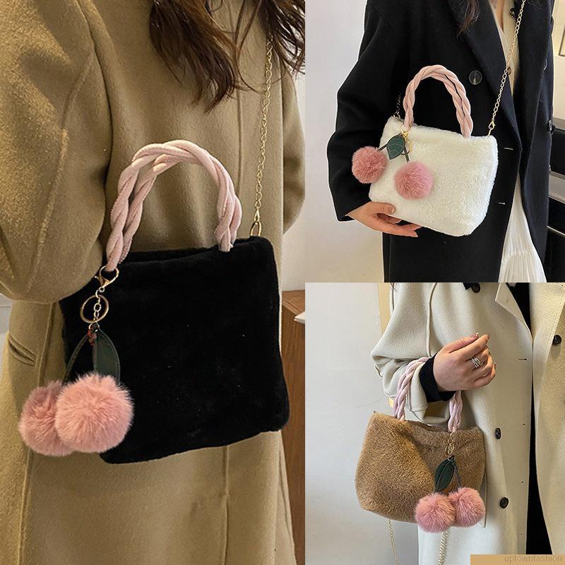 Túi đeo chéo lông giả hình quả cherry xinh xắn
