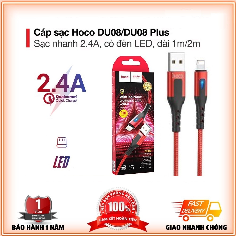 Dây Sạc IPDU08/DU08 Plus💎Dây Dù + Đèn LED💎Dây Sạc Hoco Sạc nhanh 2.4A có dành cho ip/máy tính bảng táo,Dài 1M/2M