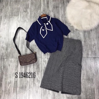 Set len cổ nơ áo xanh