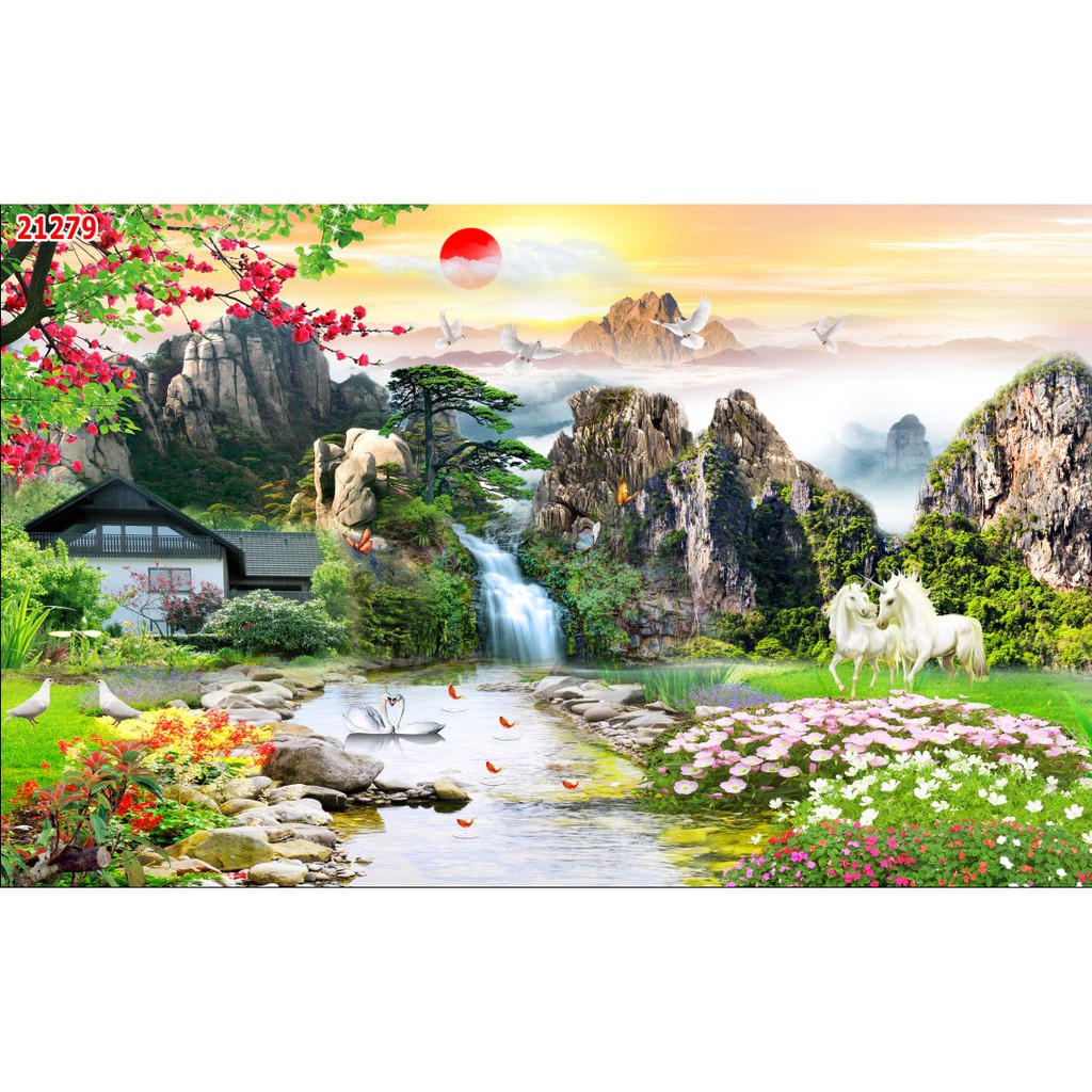 Tranh dán tường 3d phong cảnh thiên nhiên trang trí phòng khách chất liệu decal pp keo sẵn bóc dán atk25