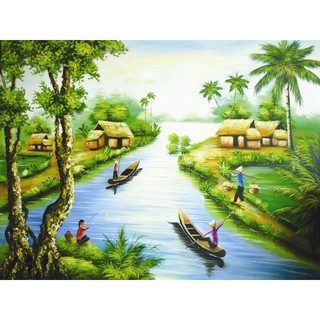 Tranh phong cảnh làng quê đính đá toàn bộ (tranh đá tự đính)