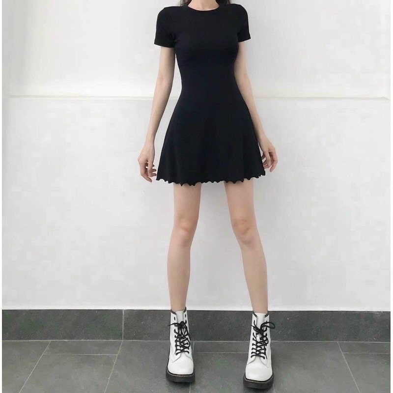 Đầm dáng xoè cổ tròn viền xoăn, váy nữ 2 màu đen, nâu - Lyly dress