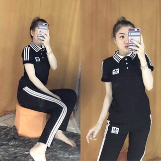 [Có Size TO] Set Đồ Thun Thể Thao Nữ Cổ Bẻ - Logo Thêu - Sản Phâm Y Hình