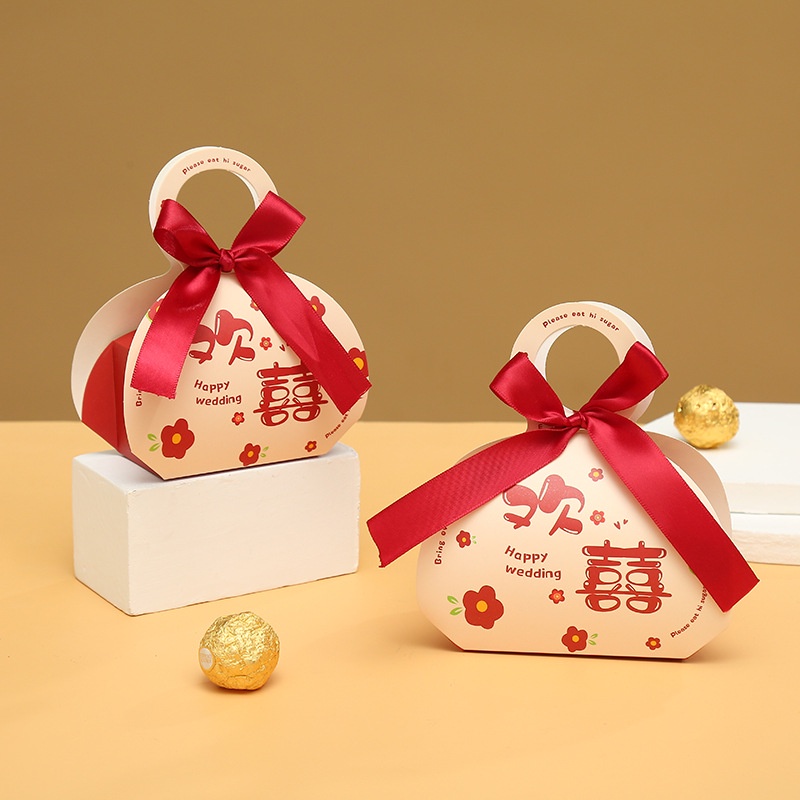 Set 10 Hộp Giấy Đựng Bánh Kẹo Đám Cưới Hình Chữ Hỷ Buộc Nơ Đỏ Xinh Xắn 8*5*14cm MARRYSTORE