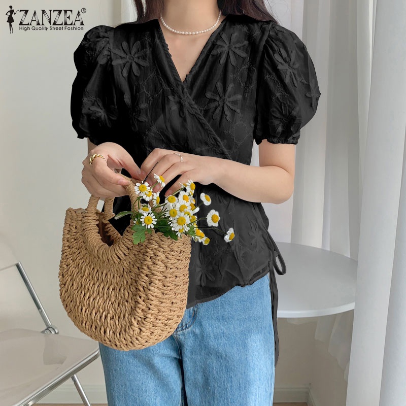 Áo ZANZEA tay phồng thêu hoa thắt dây phong cách Hàn Quốc ngọt ngào cho nữ