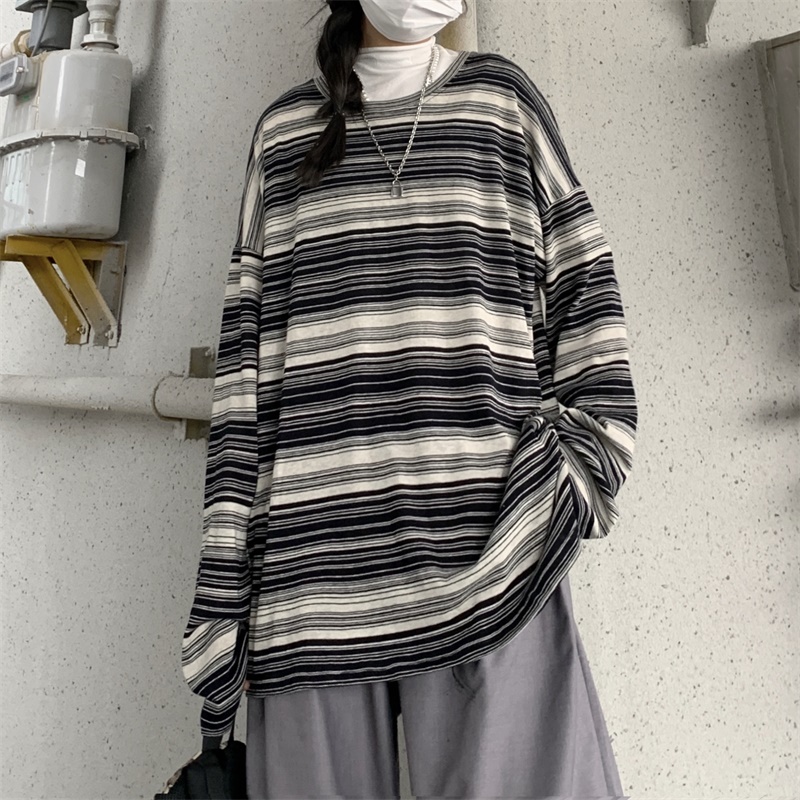 Áo Thun Tay Dài Kẻ Sọc Ngang Trẻ Trung Hợp Thời Trang  198608Áo Dáng Rộng Phong Cách Harajuku Dễ Phối Đồ Dành Cho Nam Và Nữ