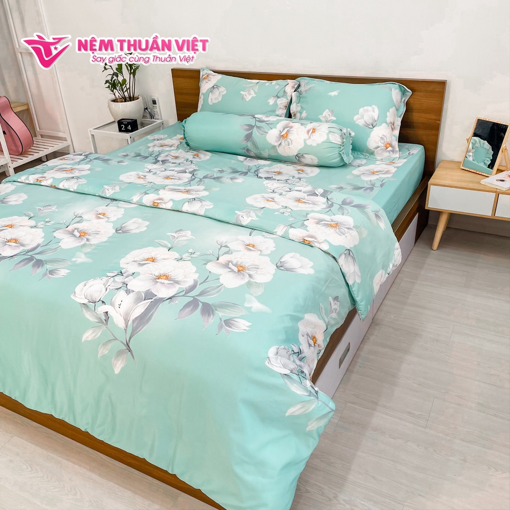 (Drap 4 Món - Không Mền) Ga Cotton Tencel Thuần Việt Cao Cấp - K43 - Bộ Sản Phẩm Gồm 3 Vỏ Gối Nằm Và 1 Ga Trải Giường