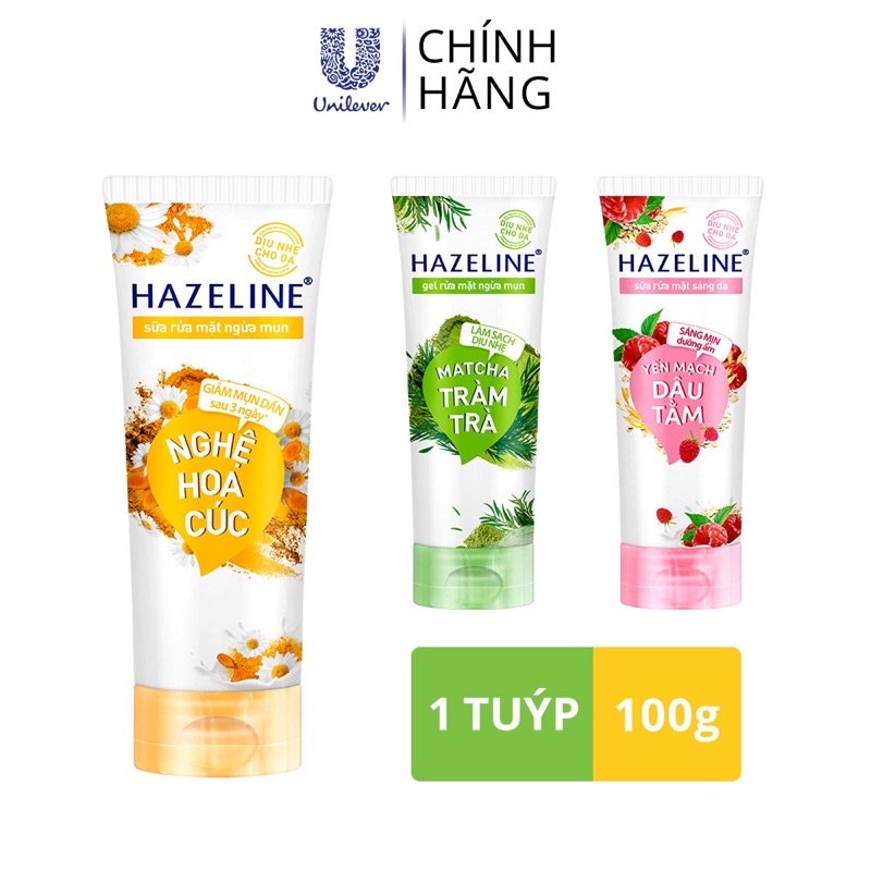 Sữa Rửa Mặt HAZELINE Nghệ Kiwi, Matcha Lựu Đỏ, Dâu Tằm Yến Mạch Tuýp Lớn 100g