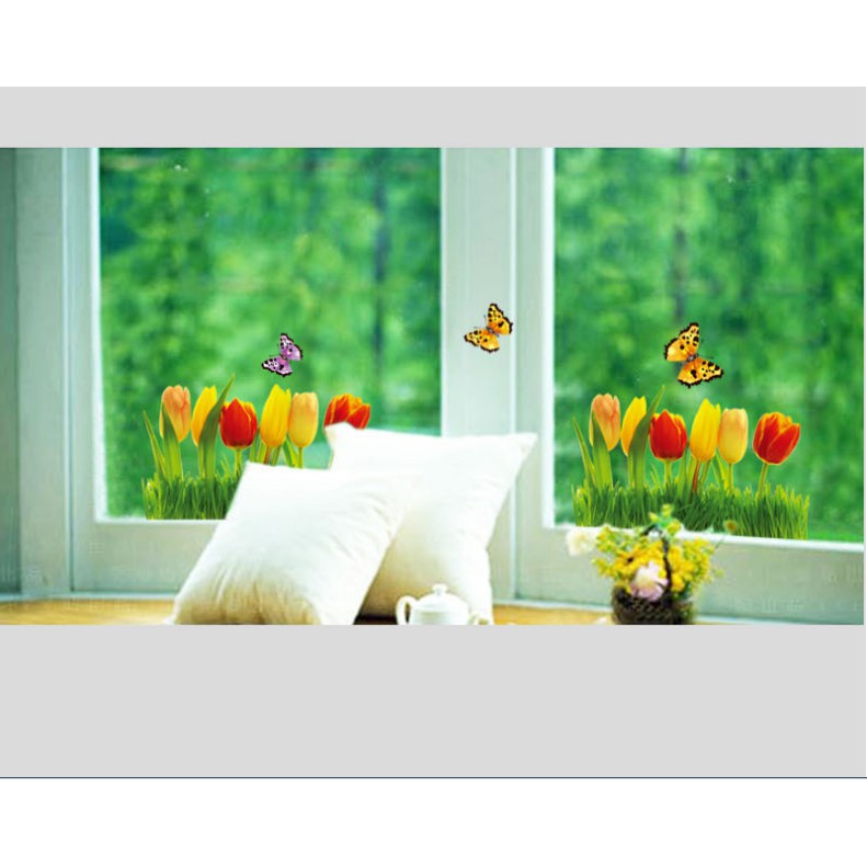 Decal trang trí chân tường Hoa Tulip sắc màu cùng Bướm