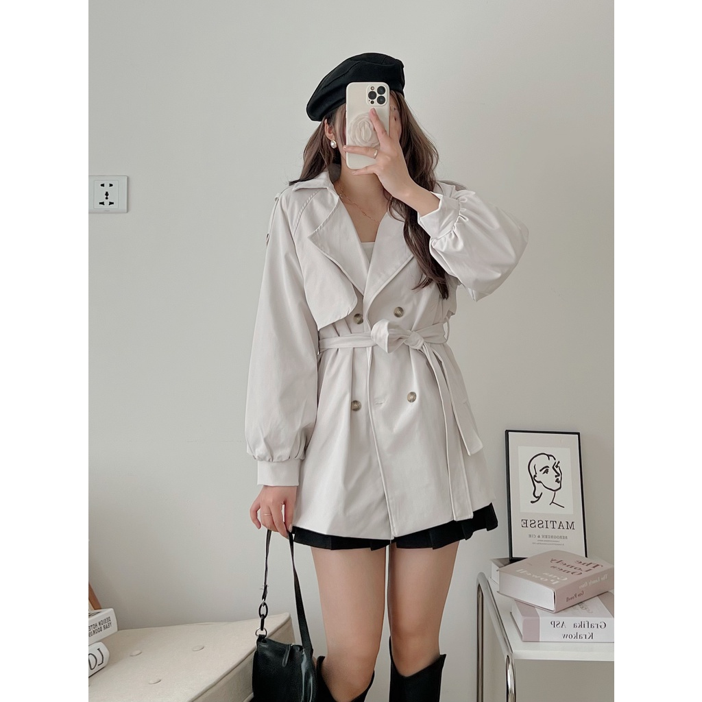[Ảnh thật/Sẵn] Áo khoác kaki form rộng tay bồng 2 lớp kèm đai phong cách Hàn Quốc