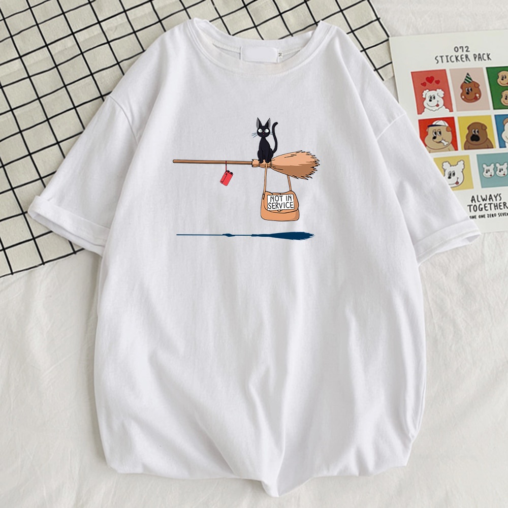 Kawaii Black Cat on Magic Broom Print Male Tshirt Style Quality T-Shirt Fashion Breathable T-Shirts Simplicity Slim Mens Top