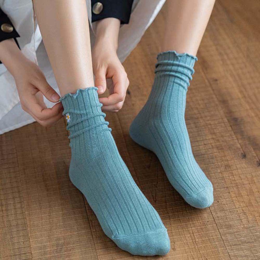 Vớ Thể Thao Màu Trơn Thêu Hình Hoa Cúc Phong Cách Hàn Quốc Thời Trang Cho Nữ