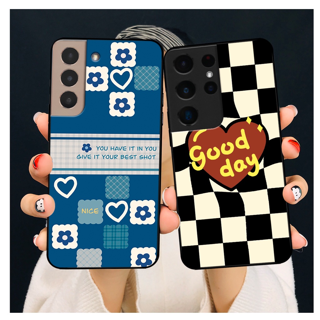 Ốp lưng Samsung S21 - S21 FE - S21 Plus - S21+ / S21 Ultra in hoạ tiết caro trái tim đen trắng, gấu bear cute đáng yêu