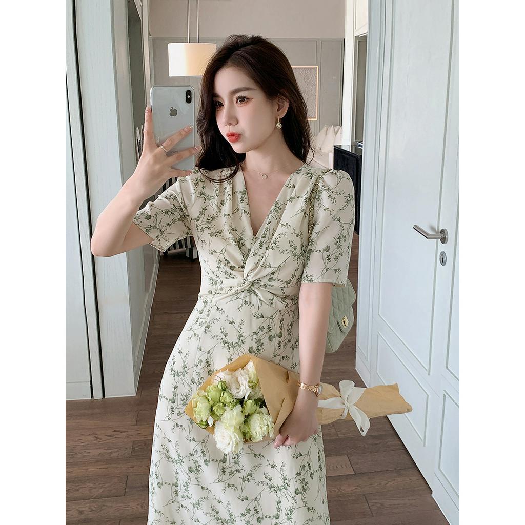 SUXI Đầm Chữ A Tay Ngắn Cổ Chữ V In Hoa Màu Xanh Lá Thời Trang Mùa Hè Cho Bạn Gái
