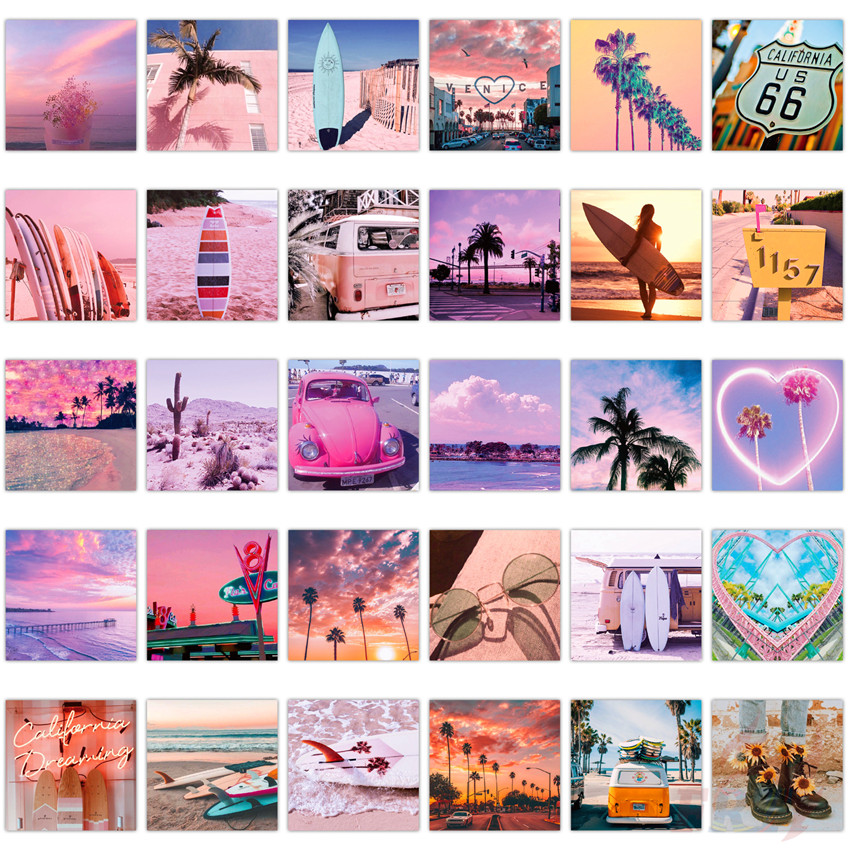 Bộ 60 miếng dán trang trí chủ đề phong cảnh biển California màu hồng xinh xắn