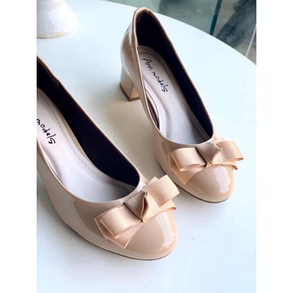 Giày cao gót công sở 3 phân mũi tròn gót vuông gắn nơ ú