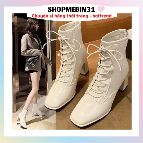Giày Boot Nữ Cổ Cao Da Bóng Gót Vuông Nhiều Dây Buộc Trước Có Khóa Kéo Sau Tiện Lợi(Hàng QC fullbox)