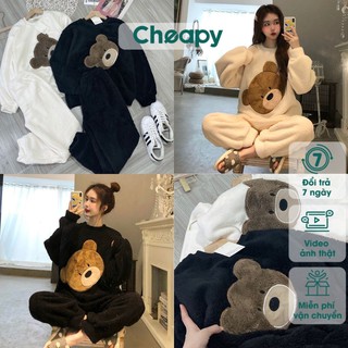 Set bộ đồ lông thêu gấu nữ đen trắng Cheapy freesize form rộng ulzzang mặc nhà mùa đông C503