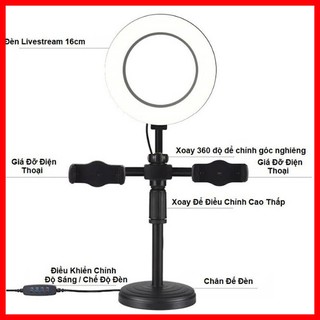 Giá Đỡ 2 Điện Thoại Có Đèn Led LiveStream, Kẹp Điện Thoại Để Bàn Quay Video Tiktok Có Đèn Led 3 Màu Đường Kính 16cm