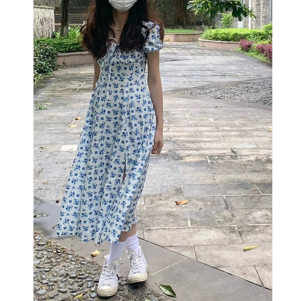 Đầm Dáng Chữ A Cổ Vuông Chiết Eo In Họa Tiết Hoa Phong Cách Hàn Quốc Thời Trang Mùa Hè Xinh Xắn Cho Nữ