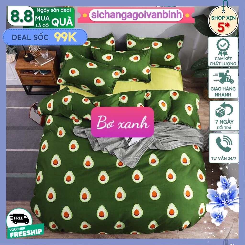 Bộ Ga Gối 3 món[1Ga+2 Vỏ Gối] 1m2x2m,1m6x2m,1m8x2m-MẪU BƠ XANH