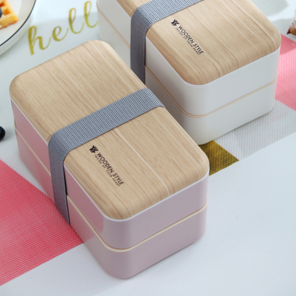 Hộp đựng cơm 2 tầng làm bằng gỗ phong cách thời trang Hàn