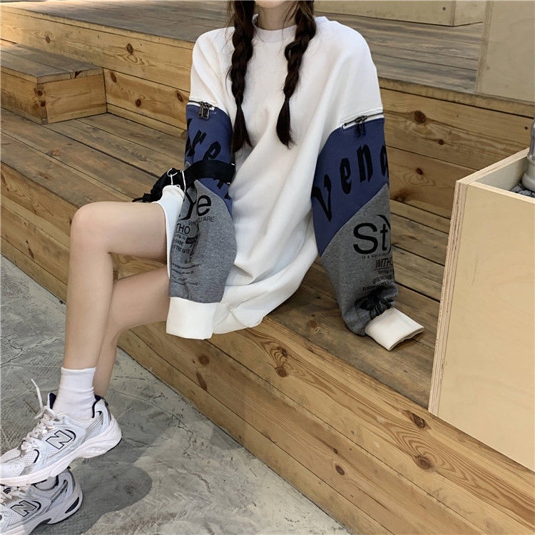 Áo Sweater Tay Dài Dáng Rộng Có Khóa Kéo In Họa Tiết Phong Cách Hàn Quốc Cho Nữ