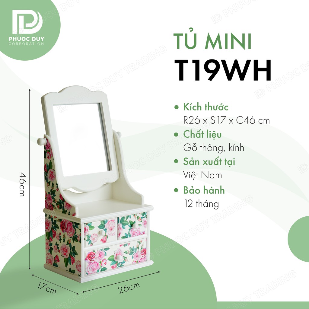 Tủ mini để bàn đa năng - Tủ nữ trang mỹ phẩm T19 hoa văn, có gương