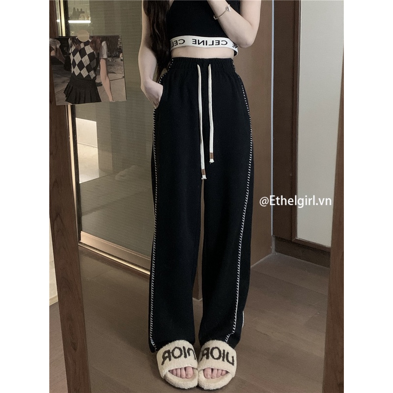 Quần Dài Thể Thao Lưng Cao Ống Đứng Màu Đen Phối Dây Rút Phong Cách Hàn Quốc Thời Trang Cho Nữ