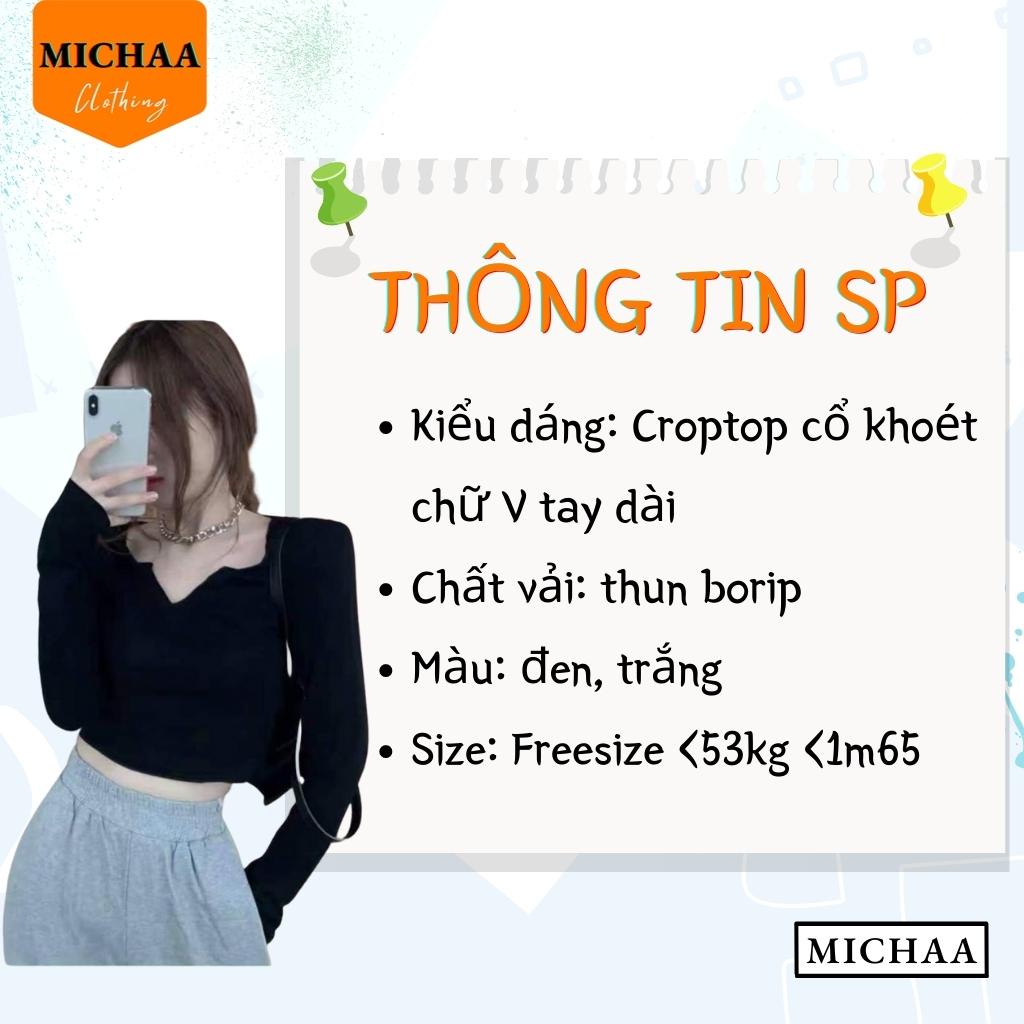 Áo Croptop Cổ KHOÉT CHỮ V Tay Dài Nữ Thun Borip Phong Cách Gợi Cảm - MICHAA