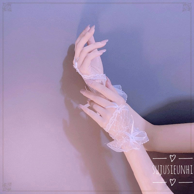 (2 màu) găng tay mỏng lưới ngắn đeo 1 ngón đính nơ phong cách lolita